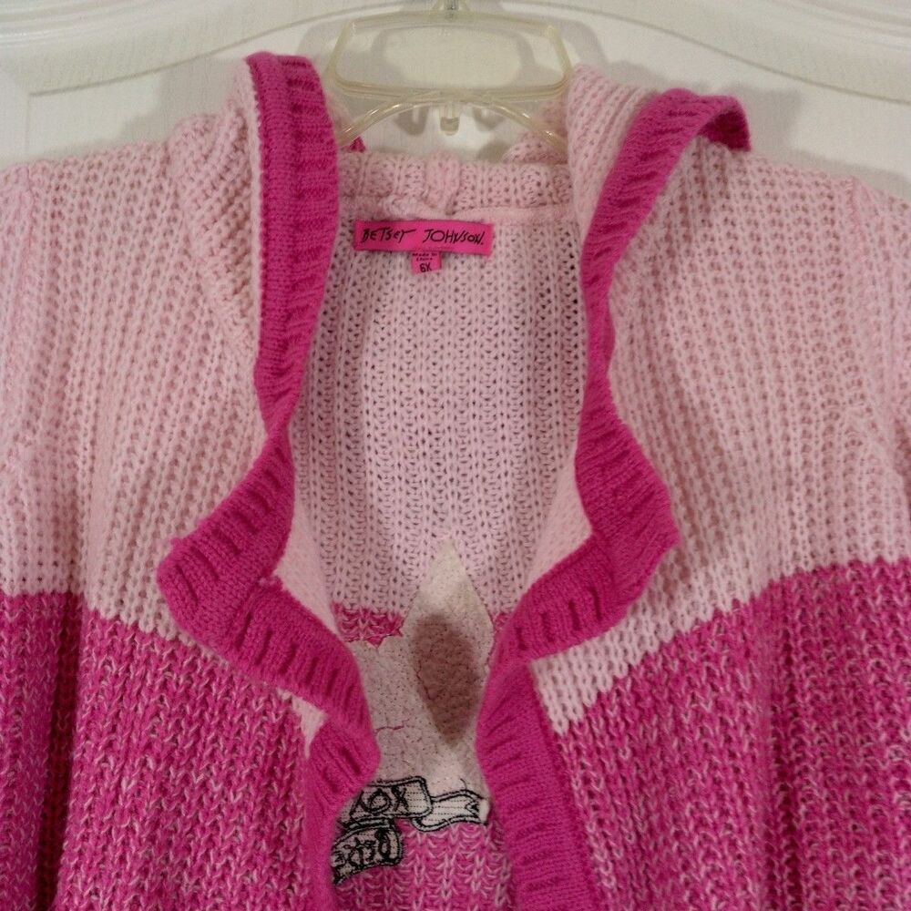 Betsey Johnson Girls 6X Cardigan Hooded Sweater Pink Open Front Sequin Star - Picture 4 of 7
